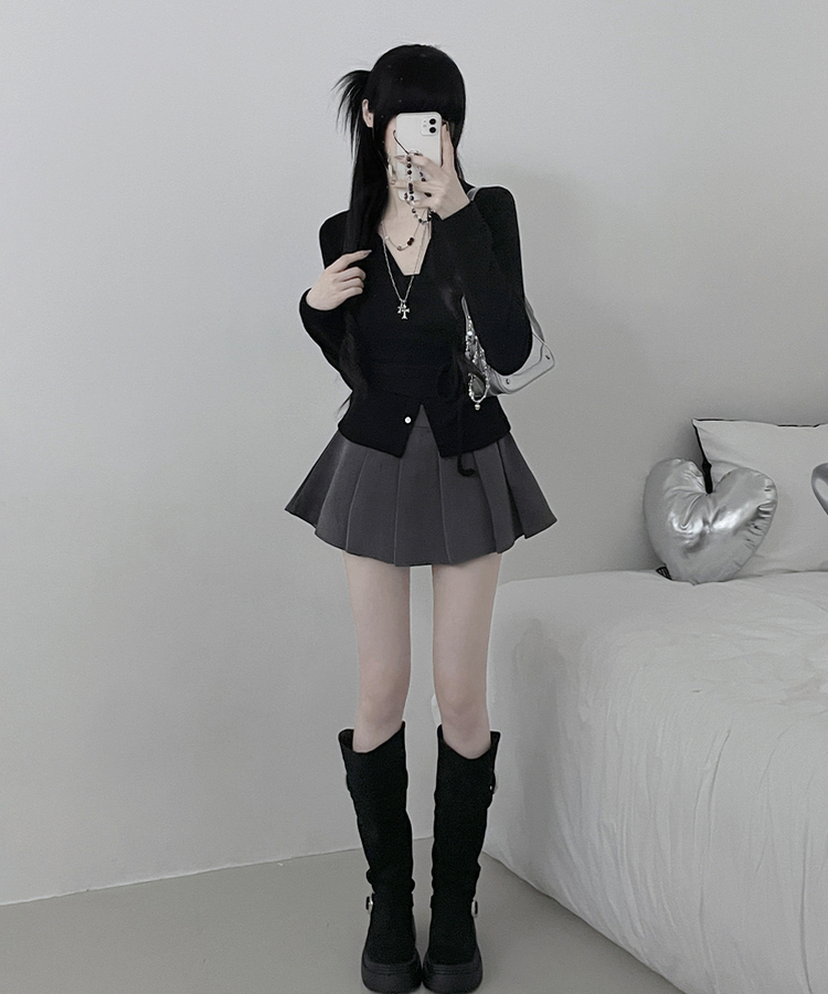 히퍼스트랩허리끈레이어드탑라운드가디건세트 블랙