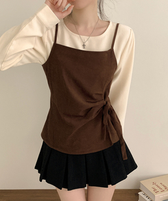 【SET】パフブラウス リボンアンバランスビスチェ BROWN