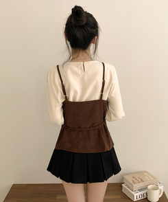 【SET】パフブラウス リボンアンバランスビスチェ BROWN