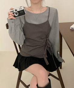 【SET】パフブラウス リボンアンバランスビスチェ GREY