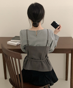 【SET】パフブラウス リボンアンバランスビスチェ GREY