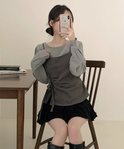 【SET】パフブラウス リボンアンバランスビスチェ GREY