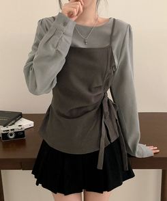 【SET】パフブラウス リボンアンバランスビスチェ GREY
