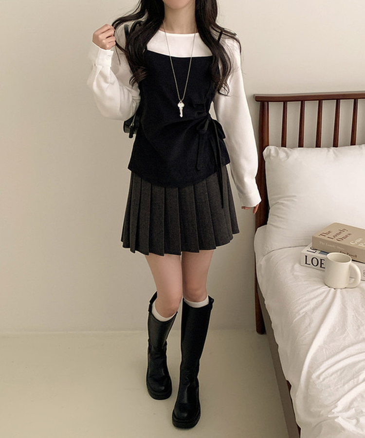 【SET】パフブラウス リボンアンバランスビスチェ IVORY