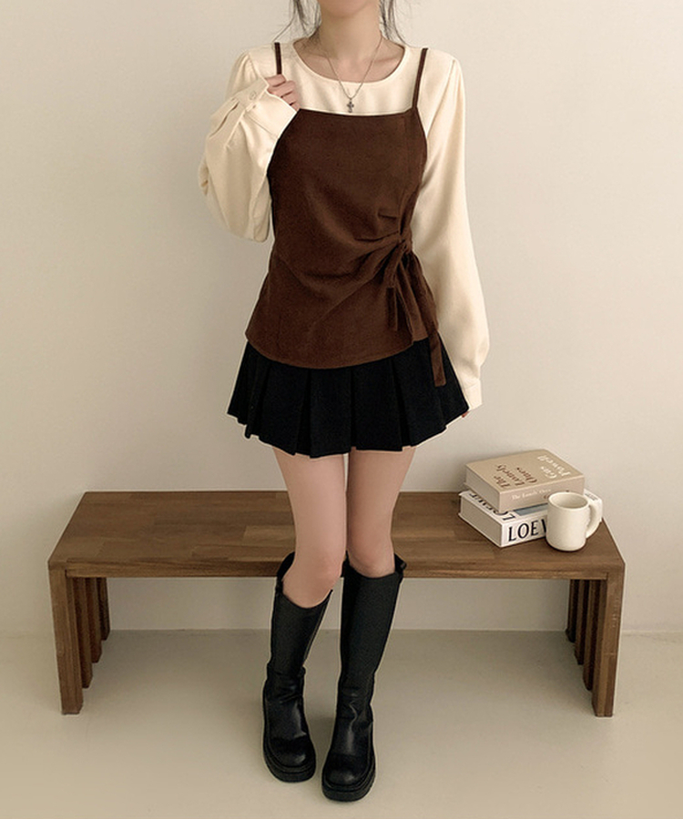 【SET】パフブラウス リボンアンバランスビスチェ BROWN