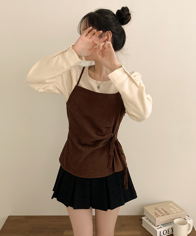 【SET】パフブラウス リボンアンバランスビスチェ BROWN