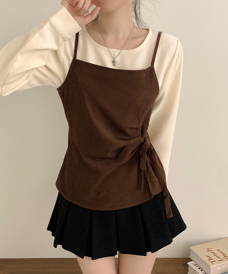 【SET】パフブラウス リボンアンバランスビスチェ BROWN