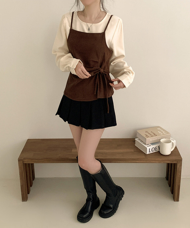 【SET】パフブラウス リボンアンバランスビスチェ BROWN