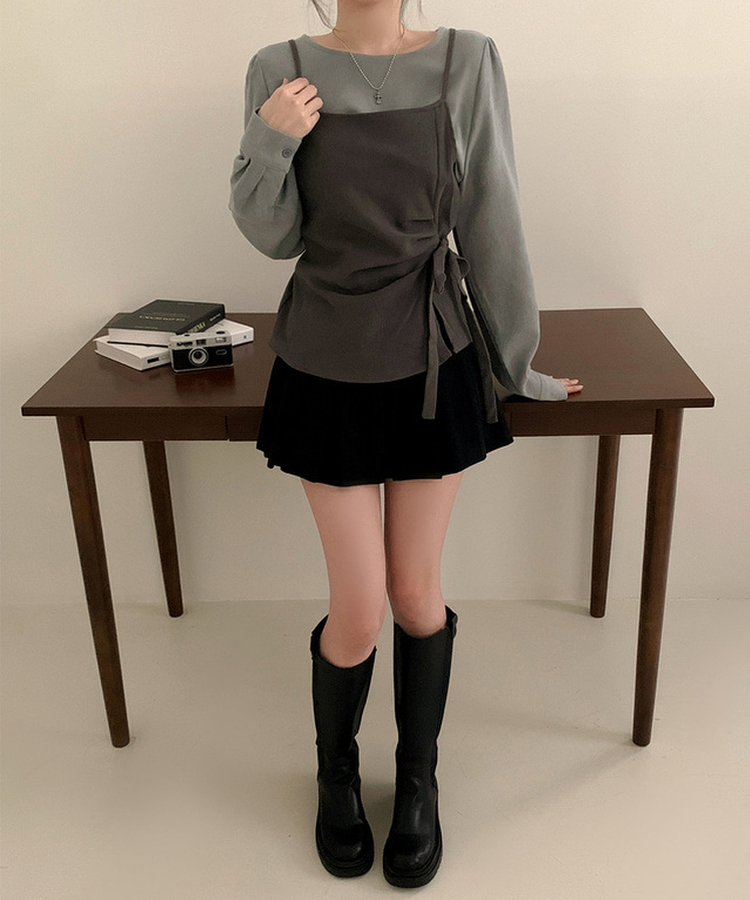 【SET】パフブラウス リボンアンバランスビスチェ GREY