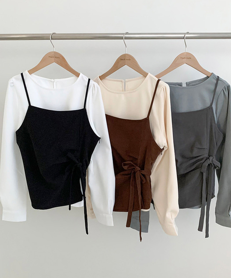 【SET】パフブラウス リボンアンバランスビスチェ