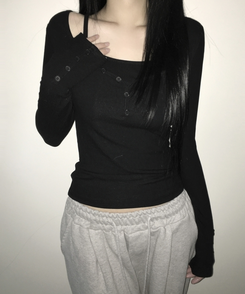 スリムフィットボタン長袖Tシャツ(5color) BLACK