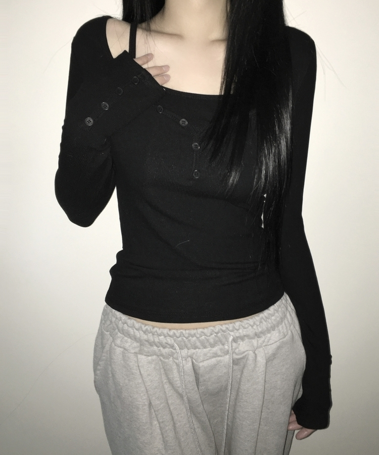 スリムフィットボタン長袖Tシャツ(5color) BLACK