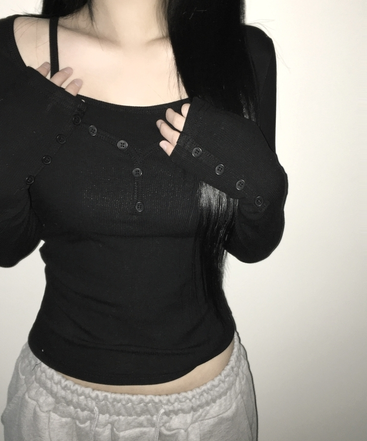 スリムフィットボタン長袖Tシャツ(5color) BLACK