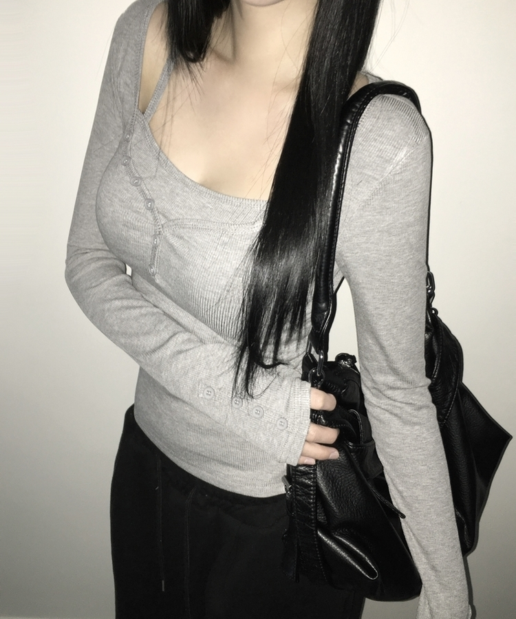 スリムフィットボタン長袖Tシャツ(5color) GREY