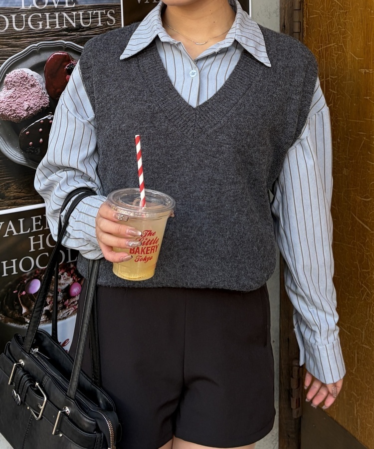 【SET】스트라이프 셔츠 니트 조끼 세트 그레이
