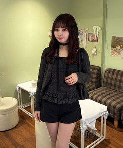 【SET】ネックストラップ付きドットキャミ＋カーディガン CHARCOAL