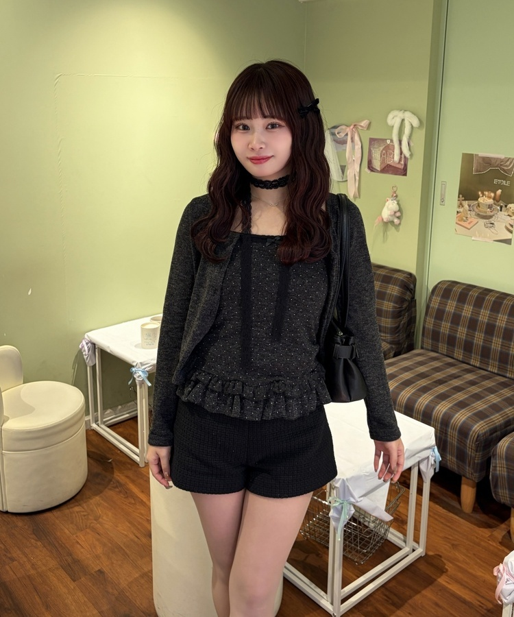 【SET】ネックストラップ付きドットキャミ＋カーディガン CHARCOAL