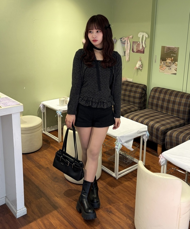 【SET】ネックストラップ付きドットキャミ＋カーディガン CHARCOAL