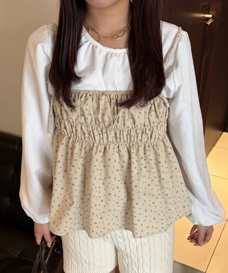 【세트】플라워 비스체 + 블라우스 베이지