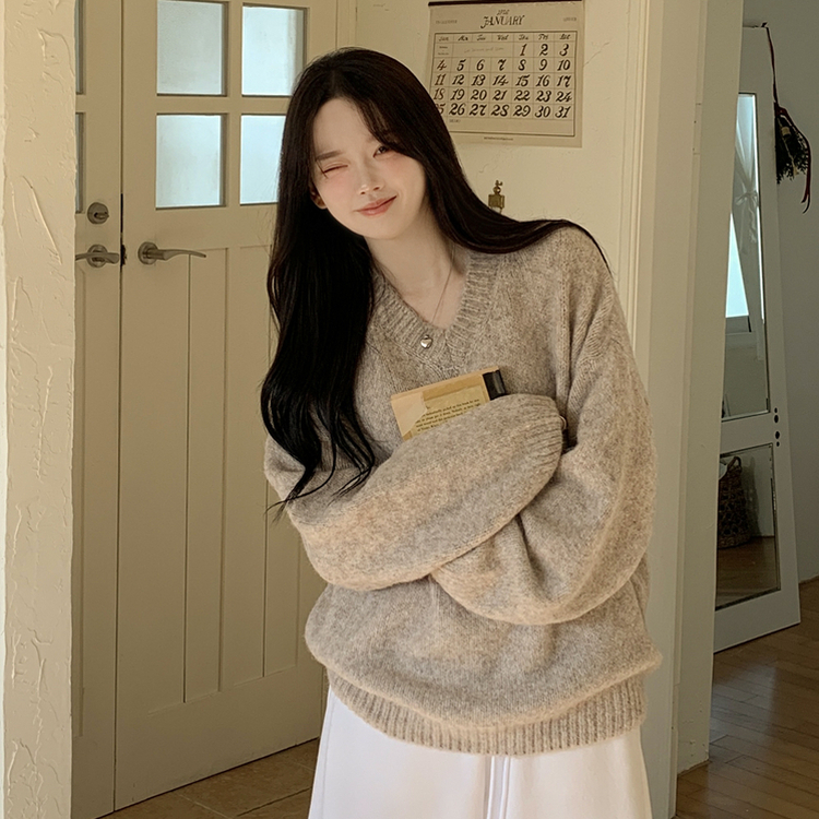 여리여리 오버핏 도톰 믹스보카시 알파카울 브이넥 아방핏 박시 울니트 연밤