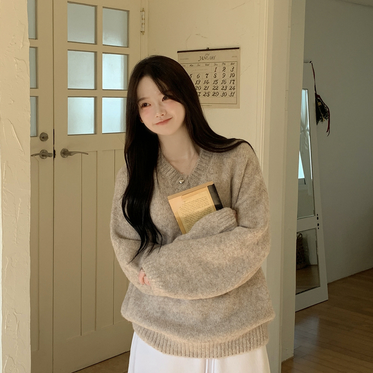 여리여리 오버핏 도톰 믹스보카시 알파카울 브이넥 아방핏 박시 울니트 연밤