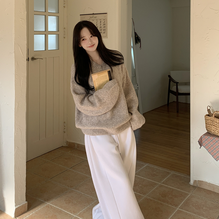 여리여리 오버핏 도톰 믹스보카시 알파카울 브이넥 아방핏 박시 울니트 연밤