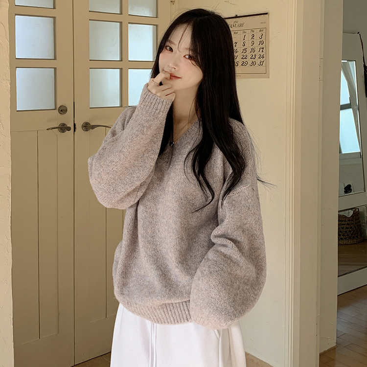 여리여리 오버핏 도톰 믹스보카시 알파카울 브이넥 아방핏 박시 울니트 스킨베리