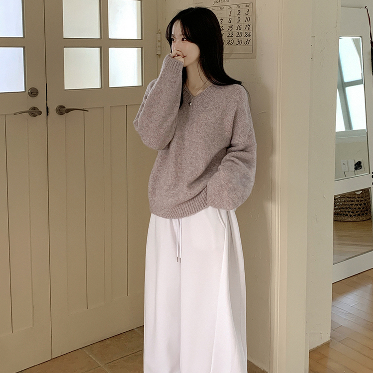 여리여리 오버핏 도톰 믹스보카시 알파카울 브이넥 아방핏 박시 울니트 스킨베리