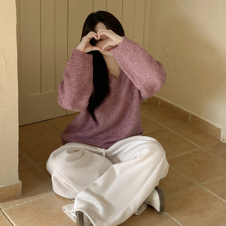 여리여리 오버핏 도톰 믹스보카시 알파카울 브이넥 아방핏 박시 울니트 로즈베리