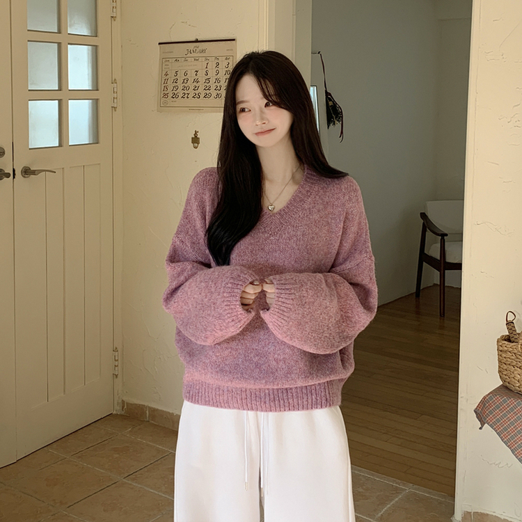 여리여리 오버핏 도톰 믹스보카시 알파카울 브이넥 아방핏 박시 울니트 로즈베리