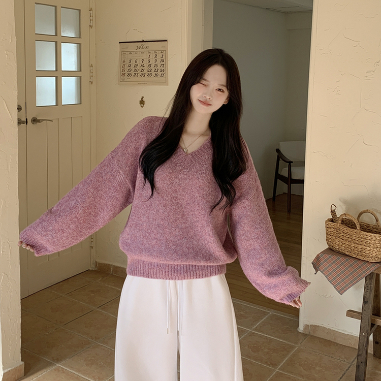 여리여리 오버핏 도톰 믹스보카시 알파카울 브이넥 아방핏 박시 울니트 로즈베리