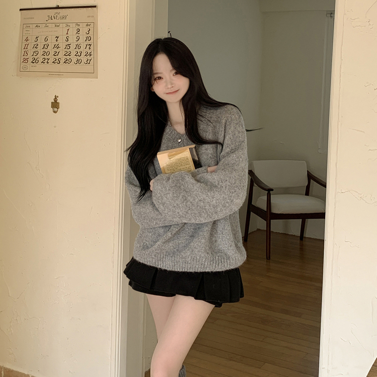 여리여리 오버핏 도톰 믹스보카시 알파카울 브이넥 아방핏 박시 울니트 다크그레이