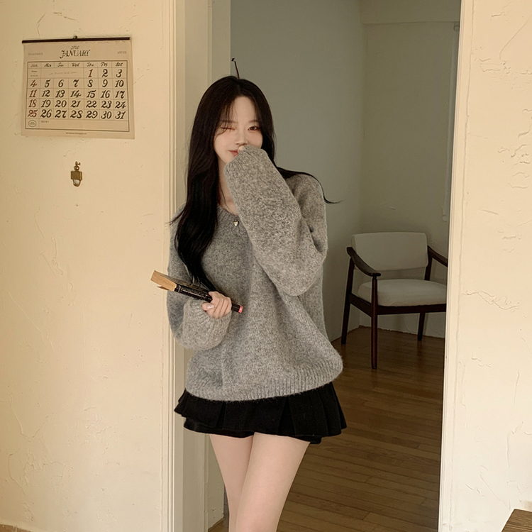 여리여리 오버핏 도톰 믹스보카시 알파카울 브이넥 아방핏 박시 울니트 다크그레이