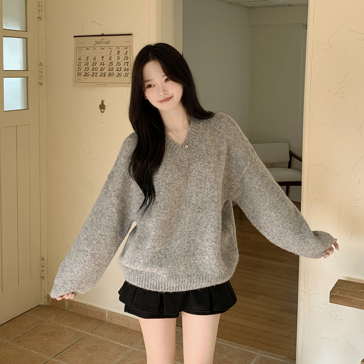 여리여리 오버핏 도톰 믹스보카시 알파카울 브이넥 아방핏 박시 울니트 다크그레이