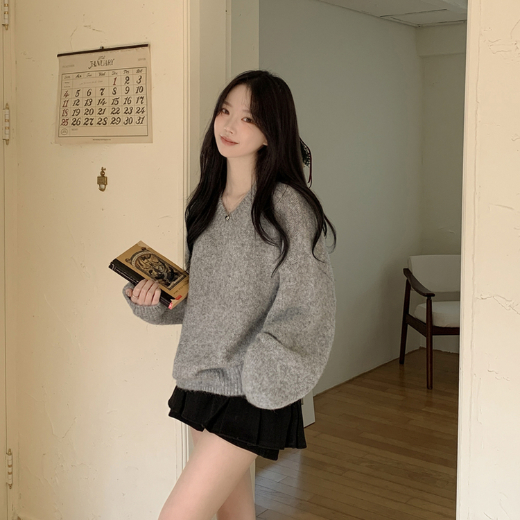 여리여리 오버핏 도톰 믹스보카시 알파카울 브이넥 아방핏 박시 울니트 다크그레이