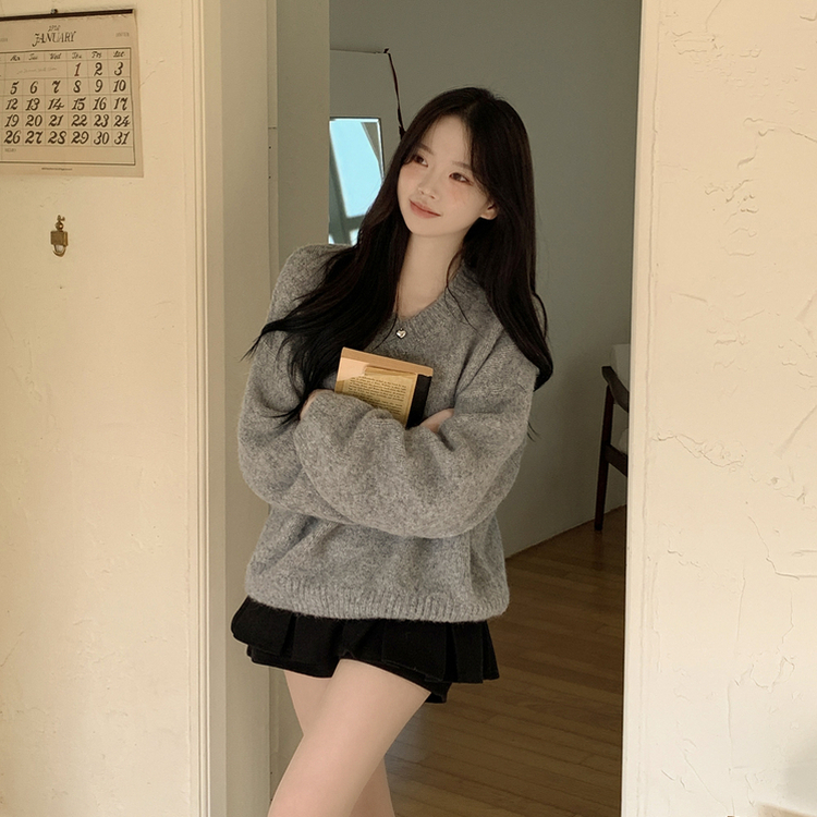 여리여리 오버핏 도톰 믹스보카시 알파카울 브이넥 아방핏 박시 울니트 다크그레이