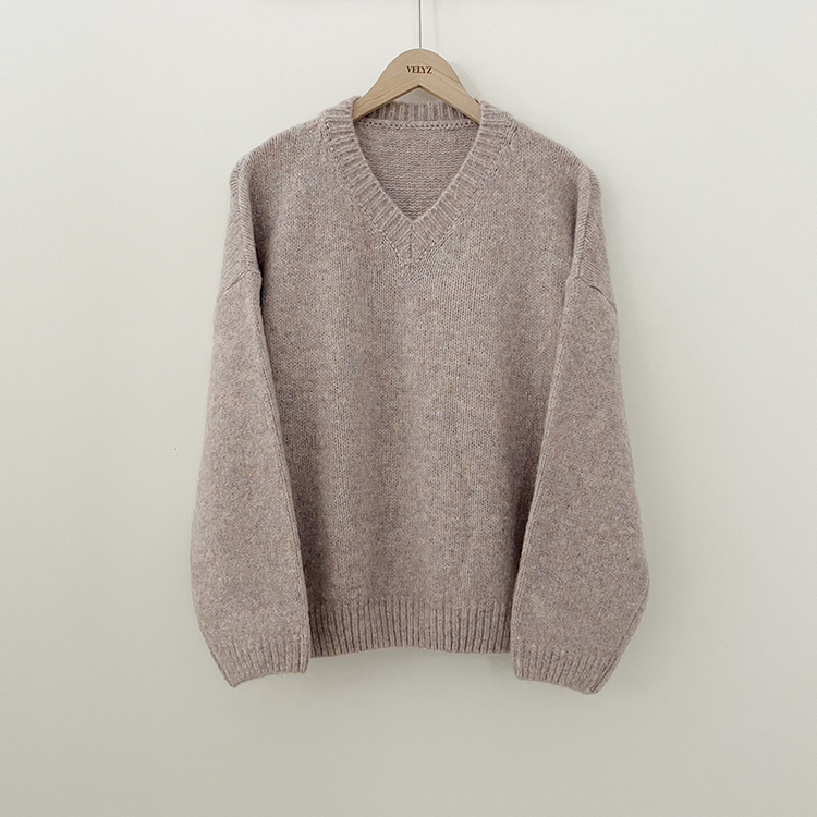 여리여리 오버핏 도톰 믹스보카시 알파카울 브이넥 아방핏 박시 울니트