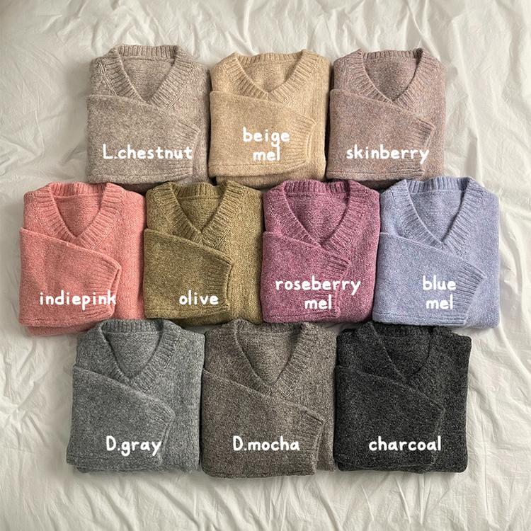 여리여리 오버핏 도톰 믹스보카시 알파카울 브이넥 아방핏 박시 울니트