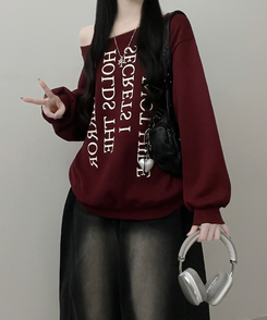 하이드레터링프린팅오프숄더박스핏맨투맨 와인