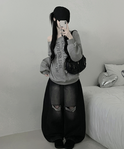 하이드레터링프린팅오프숄더박스핏맨투맨 그레이