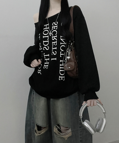 하이드레터링프린팅오프숄더박스핏맨투맨 블랙