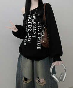 하이드레터링프린팅오프숄더박스핏맨투맨 블랙