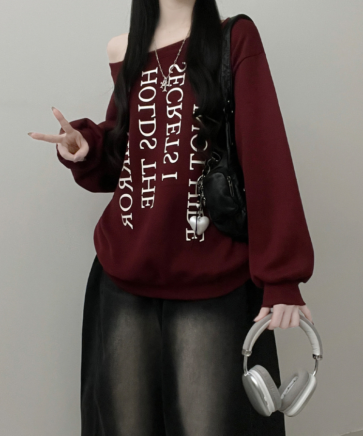 하이드레터링프린팅오프숄더박스핏맨투맨 와인