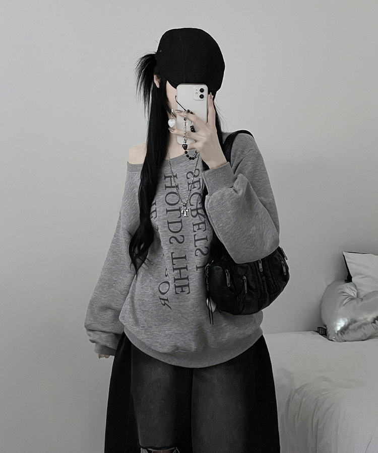 하이드레터링프린팅오프숄더박스핏맨투맨 그레이