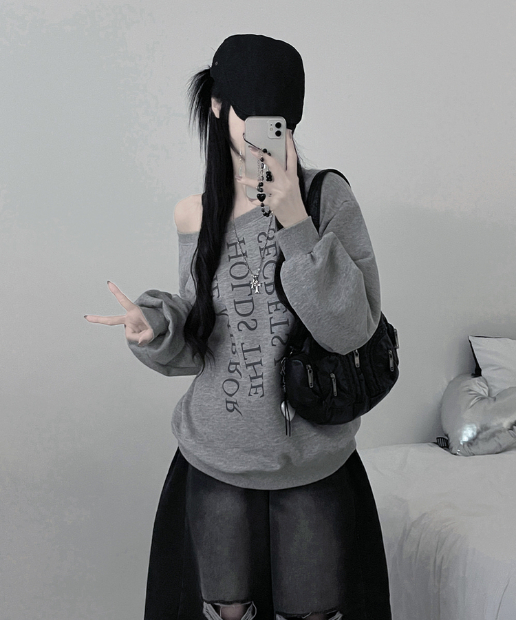 하이드레터링프린팅오프숄더박스핏맨투맨 그레이