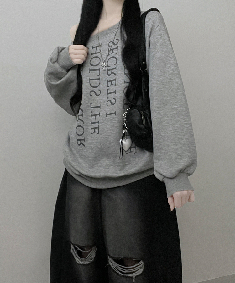 하이드레터링프린팅오프숄더박스핏맨투맨 그레이