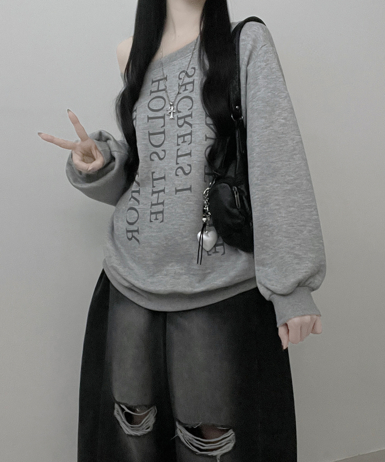 하이드레터링프린팅오프숄더박스핏맨투맨 그레이
