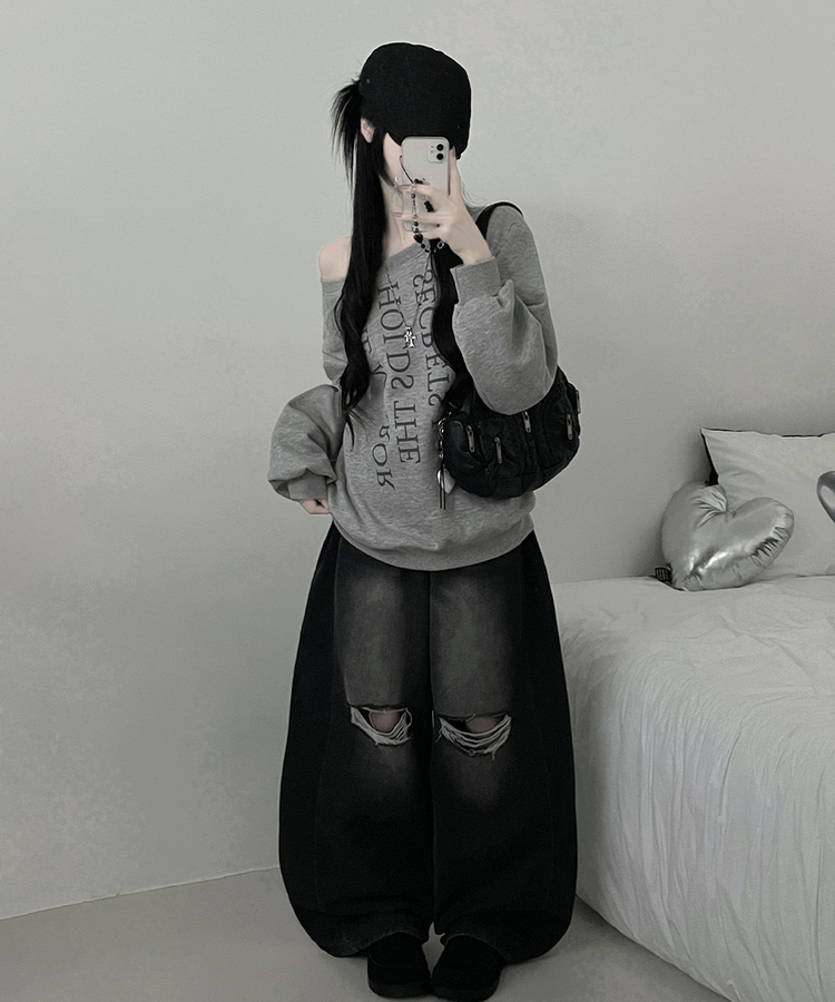 하이드레터링프린팅오프숄더박스핏맨투맨 그레이