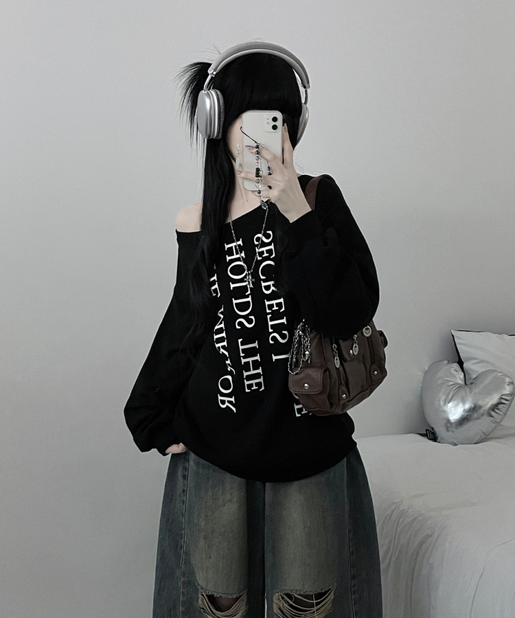 하이드레터링프린팅오프숄더박스핏맨투맨 블랙