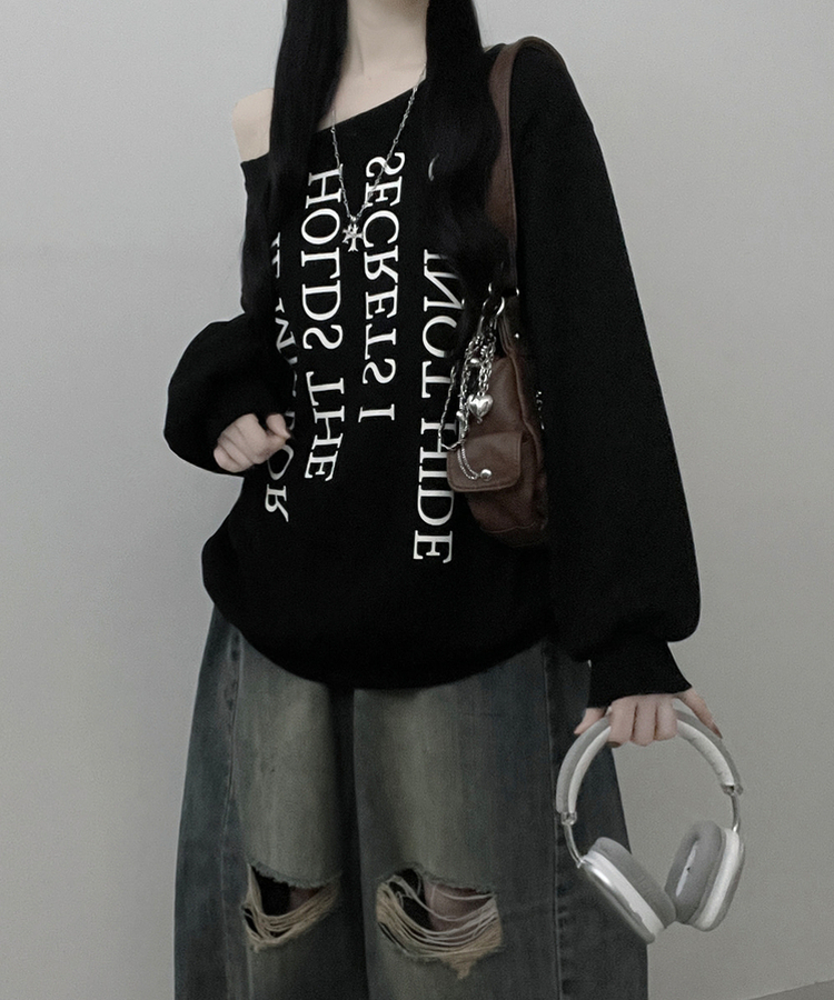 하이드레터링프린팅오프숄더박스핏맨투맨 블랙